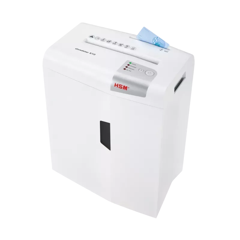 Destruction d’une carte plastique sur un HSM Shredstar X10 compatible. Les cartes métalliques et les autres supports exigent une vérification spécifique.
