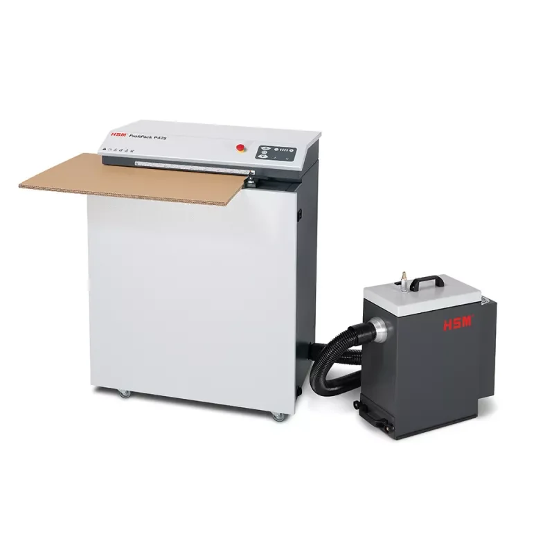 HSM ProfiPack P425 associé à un dépoussiéreur compatible : prévoir l’espace pour les deux équipements.