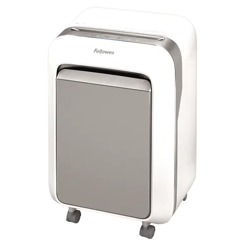 Vue trois quarts du destructeur de documents Fellowes Powershred LX 211 blanc