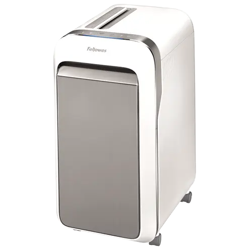 Vue trois quarts du destructeur de documents Fellowes Powershred LX 221 blanc