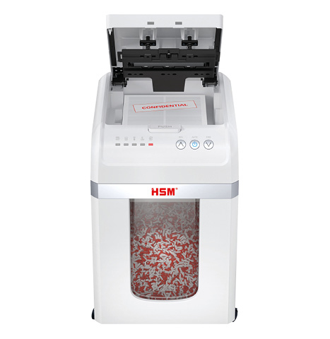 HSM shredstar Autofeed X200 : chargeur automatique ouvert pour une pile de 200 feuilles