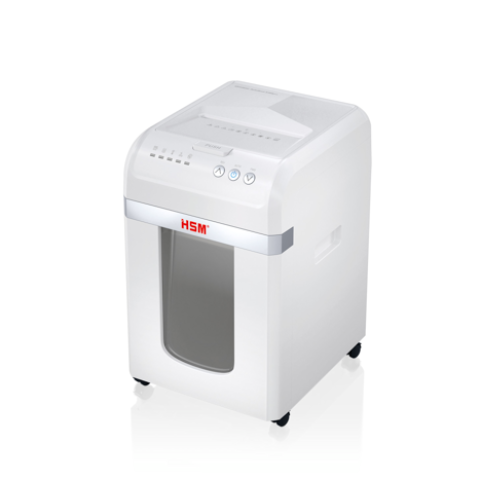 HSM shredstar Autofeed X300pro, vue de trois quarts avec commandes et fenêtre du bac