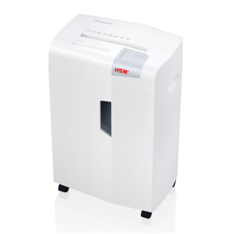 HSM shredstar X24 vu de trois quarts, fenêtre verticale du bac et roulettes visibles